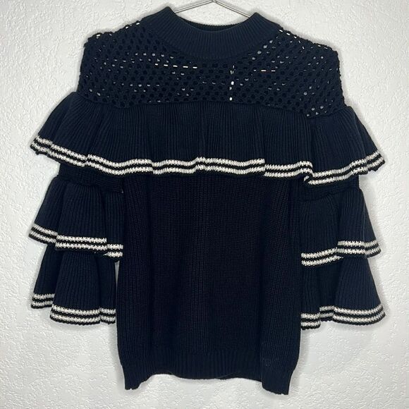 New Self-Portrait STRIPED FRILL SWEATER NAVY Wool Jumper Small - Picture 3 of 16